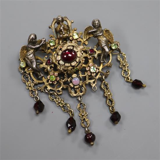 A 19th century Austro-Hungarian? white and yellow metal, enamel and multi gem set brooch, approx. 6.5cm.